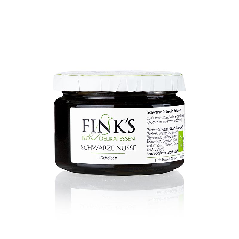 Schwarze Walnüsse (in Scheiben) in kräftigem Sirup, Finks Delikatessen, BIO, 260 g | Reis, Hülsenfrüchte, Nüsse, Maronen | thungourmet
