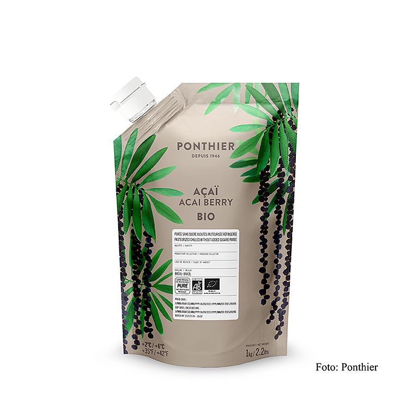 Purea di acai biologica Ponthier, non zuccherata, 100% frutta, ideale per frullati, salse e dessert, confezione da 1 kg