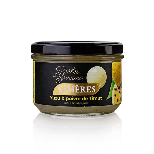 Sfere di caviale di frutta "Yuzu & Timut Pfe", sferiche da 20 mm, Perles de Saveurs, 220 g, circa 30 pezzi.