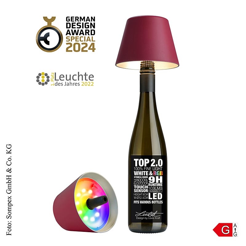 Lampada da tavolo "TOP2.0", per bottiglie, con batteria ricaricabile, 11x12.5cm, plastica, bordeaux 72524, 1 pz.