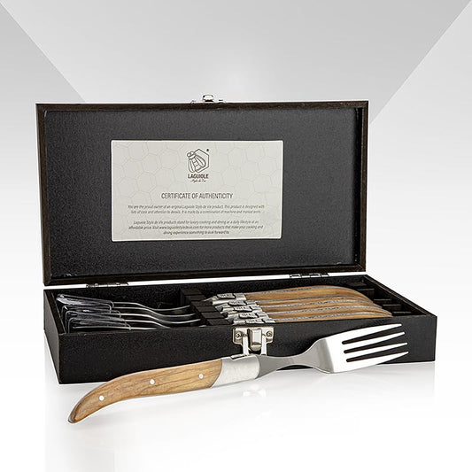 Montargo - Set di 6 forchette, manico in legno d'ulivo, scatola in legno, Laguiole, 1 pz.