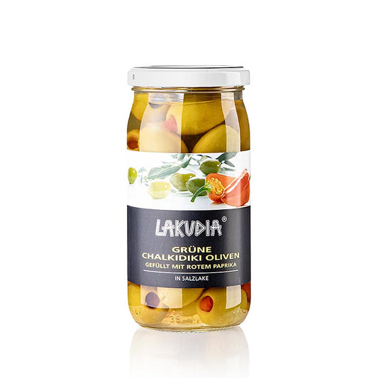 Olive verdi "Chalkidiki", snocciolate, con peperoncino, Lakudia, 355 g