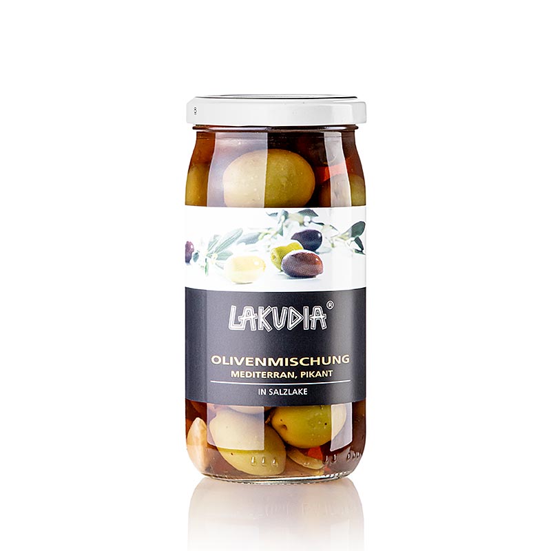 Miscela di olive mediterranee piccanti, con peperoncino, Lakudia, 355 g
