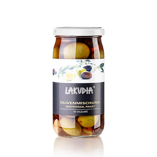 Miscela di olive mediterranee piccanti, con peperoncino, Lakudia, 355 g
