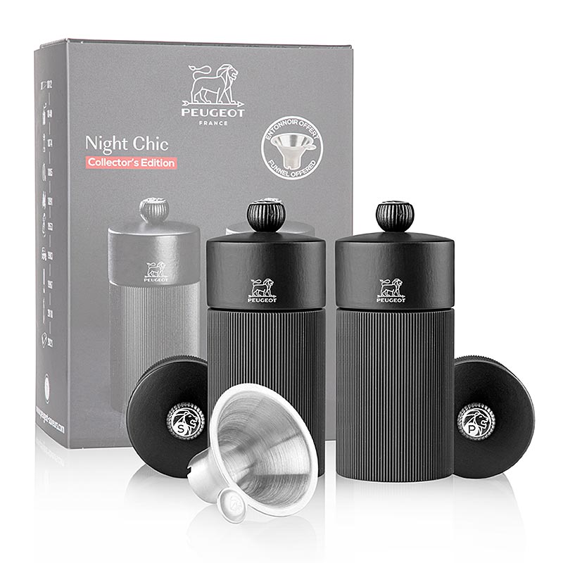 Peugeot - Salz & Pfeffermühle, NIGHT CHIC LINE, mattschwarz, 12cm, inkl. Edelstahltrichter