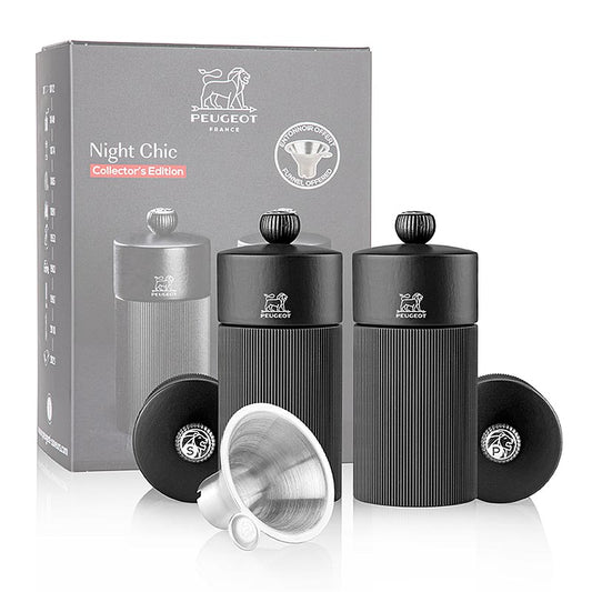 Peugeot - Salz & Pfeffermühle, NIGHT CHIC LINE, mattschwarz, 12cm, inkl. Edelstahltrichter
