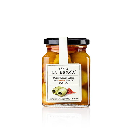 Grüne Oliven, ohne Kern, mit geräucherter Paprika, Finca La Barca, 140 g