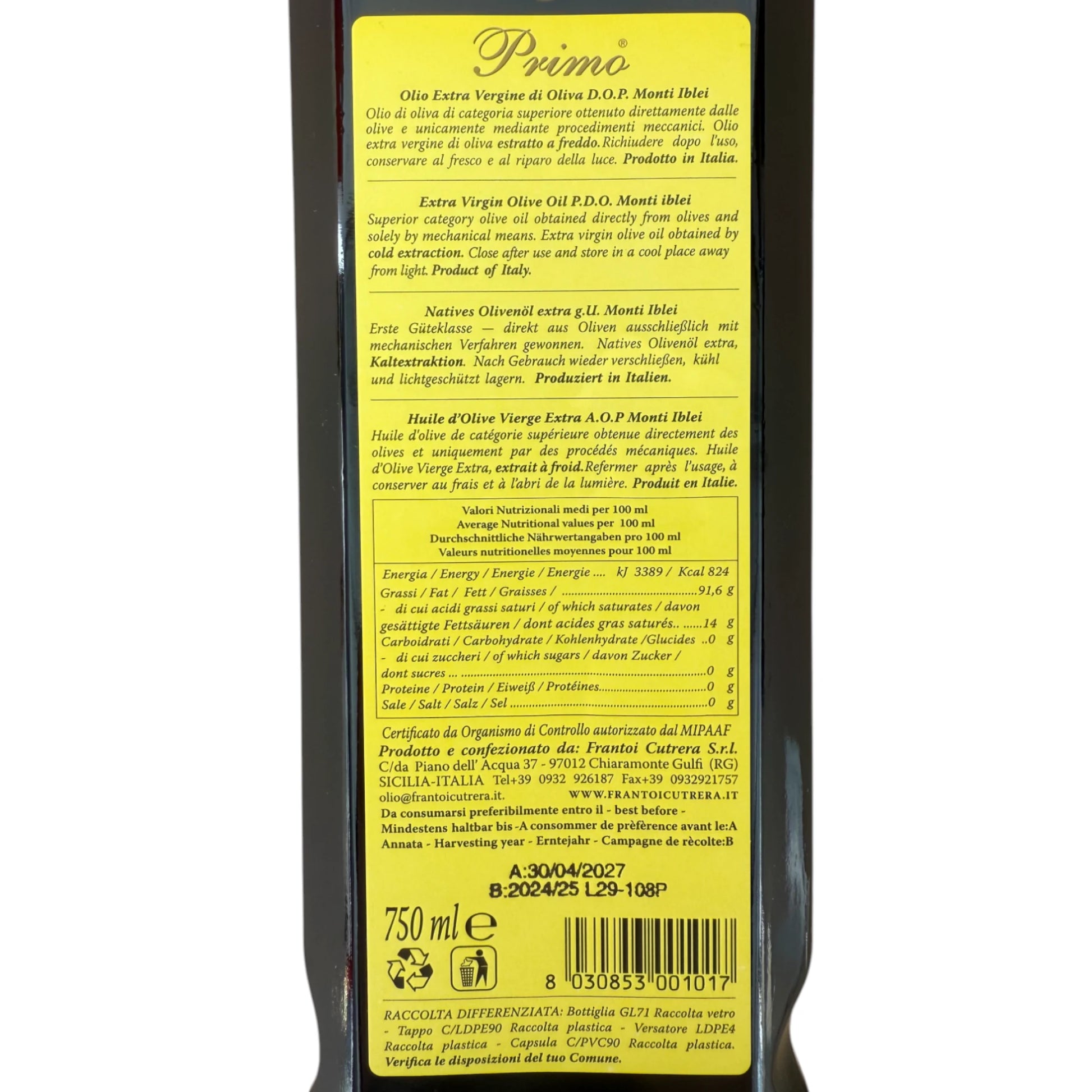 Frantoi Cutrera Primo AOP, Huile d'olive vierge, 100 % Tonda Iblea, 750 ml | Vinaigre & huile  thungourmet